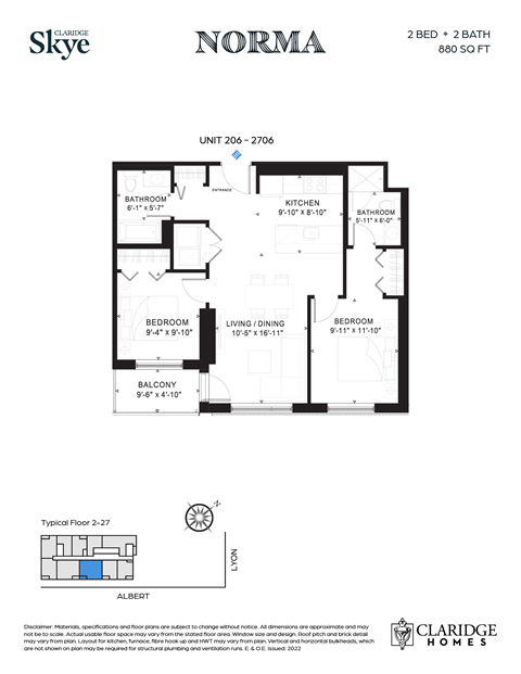 Floor plan for 2 beds, 2 baths, 881 sqft
